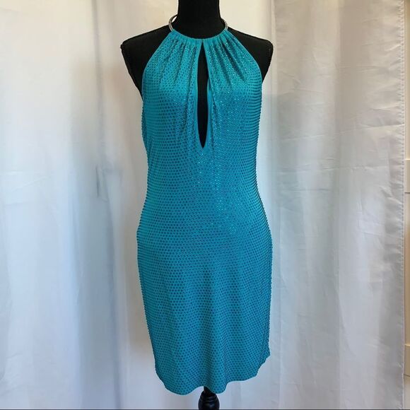 Bebe blue turquoise crystal rhinestone halter deep v neck dress Sz M - Picture 2 of 15